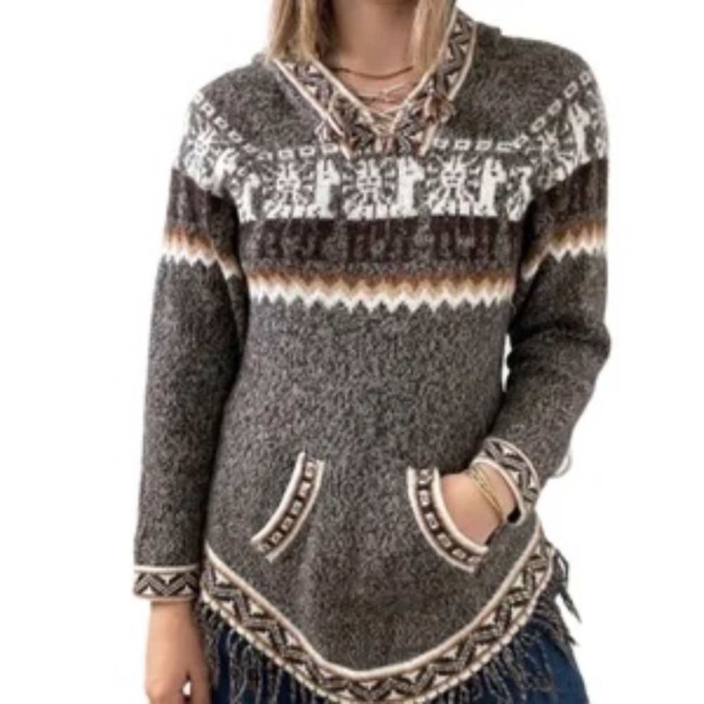 Vintage 100% Peruvian Alpaca Poncho Hoodie Sz S